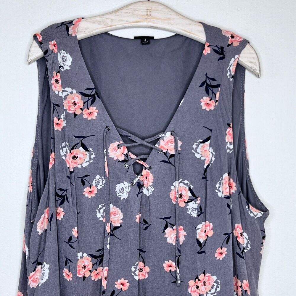Torrid Women Floral Trapeze Swing Mini Dress Size 4 Gray Pink Lace Up Neck 4X - Picture 3 of 7